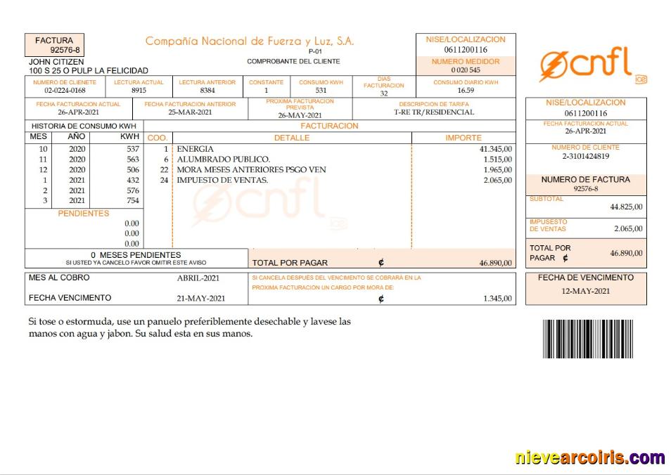 Costa Rica Compañía Nacional de Fuerza y Luz, SA CNFL utility bill